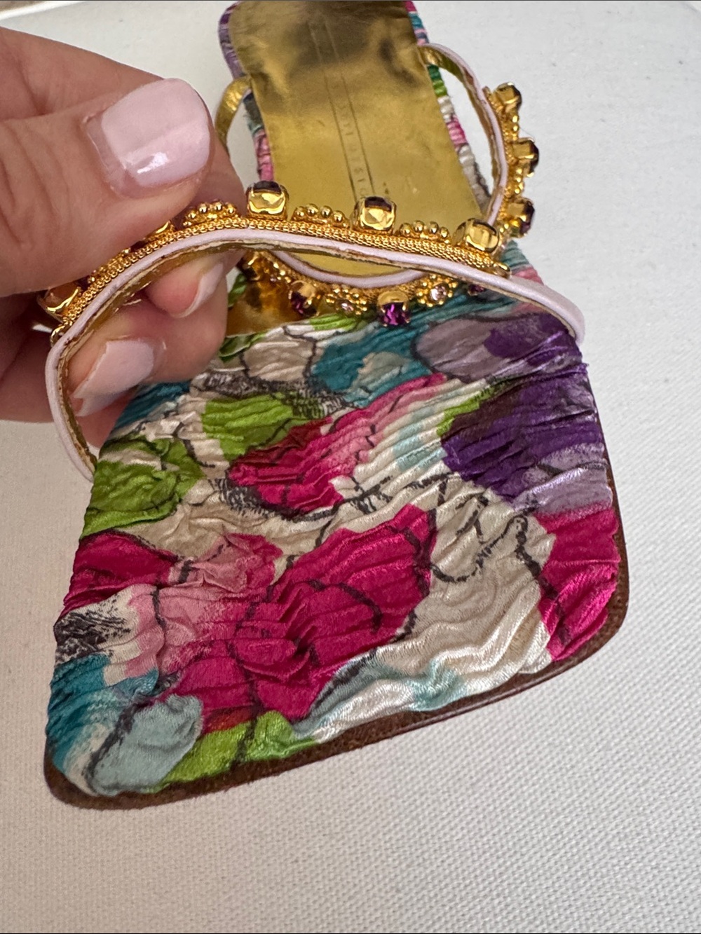 VTG Giuseppe Zanotti Y2K Archival Crystal Floral Crinkle Leather Sandals - Picture 8 of 11